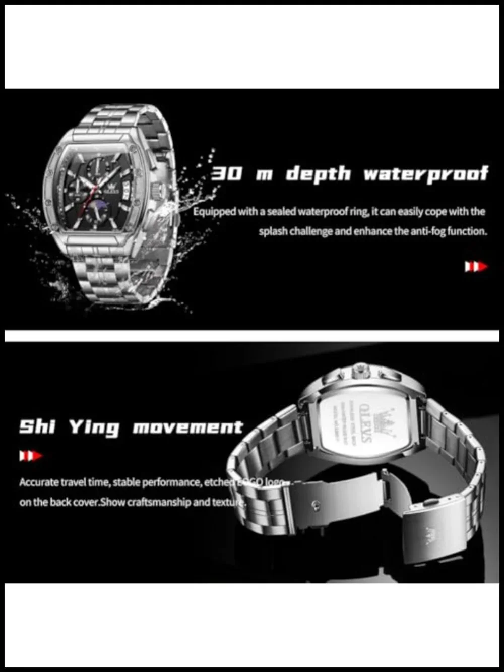 Mens Chronograph Dress Watch Square Face Stainless Steel